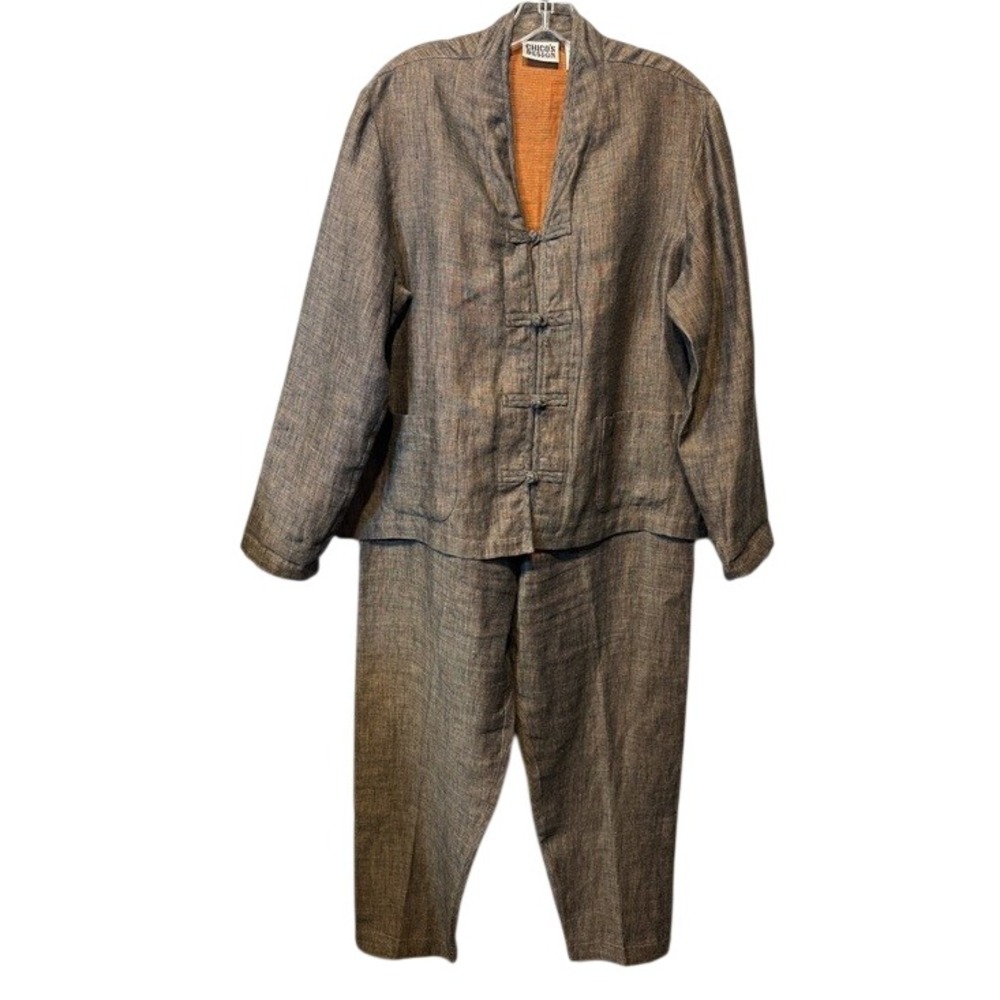 Vintage Chicos Design Women's Brown 100% Linen Asian Inspired 2 Pc Size 2 (L/12)